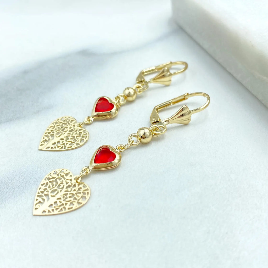 18k Gold Filled Filigree Heart Jewelry Set, Colorful Heart Necklace, Bracelet & Earrings, Romantic Wholesale Jewelry