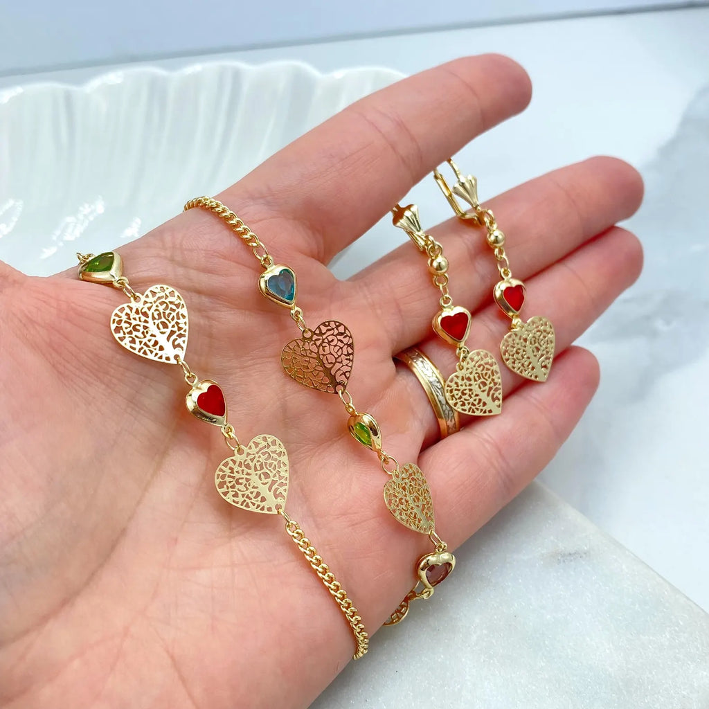 18k Gold Filled Filigree Heart Jewelry Set, Colorful Heart Necklace, Bracelet & Earrings, Romantic Wholesale Jewelry
