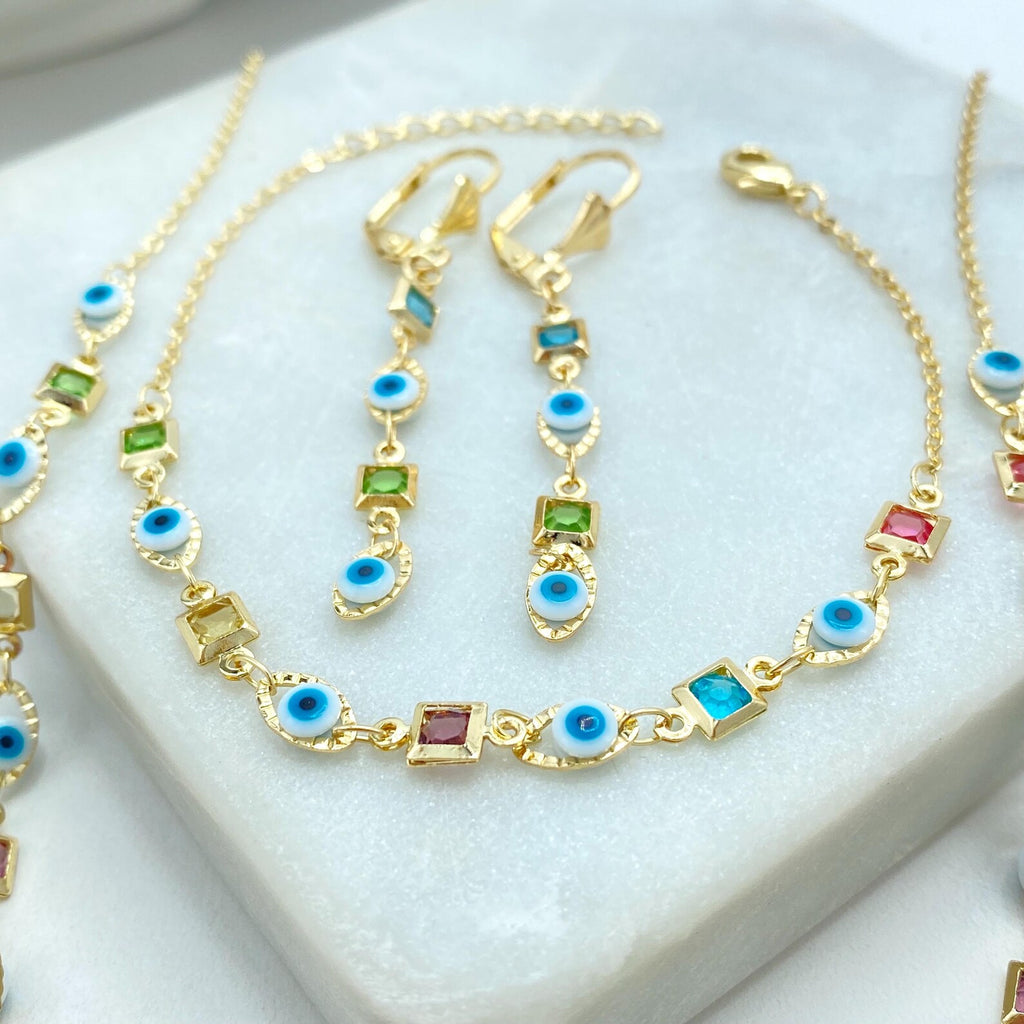 18k Gold Filled Evil Eye Jewelry Set, Multicolor CZ Stones Necklace, Bracelet & Earrings, Wholesale Jewelry