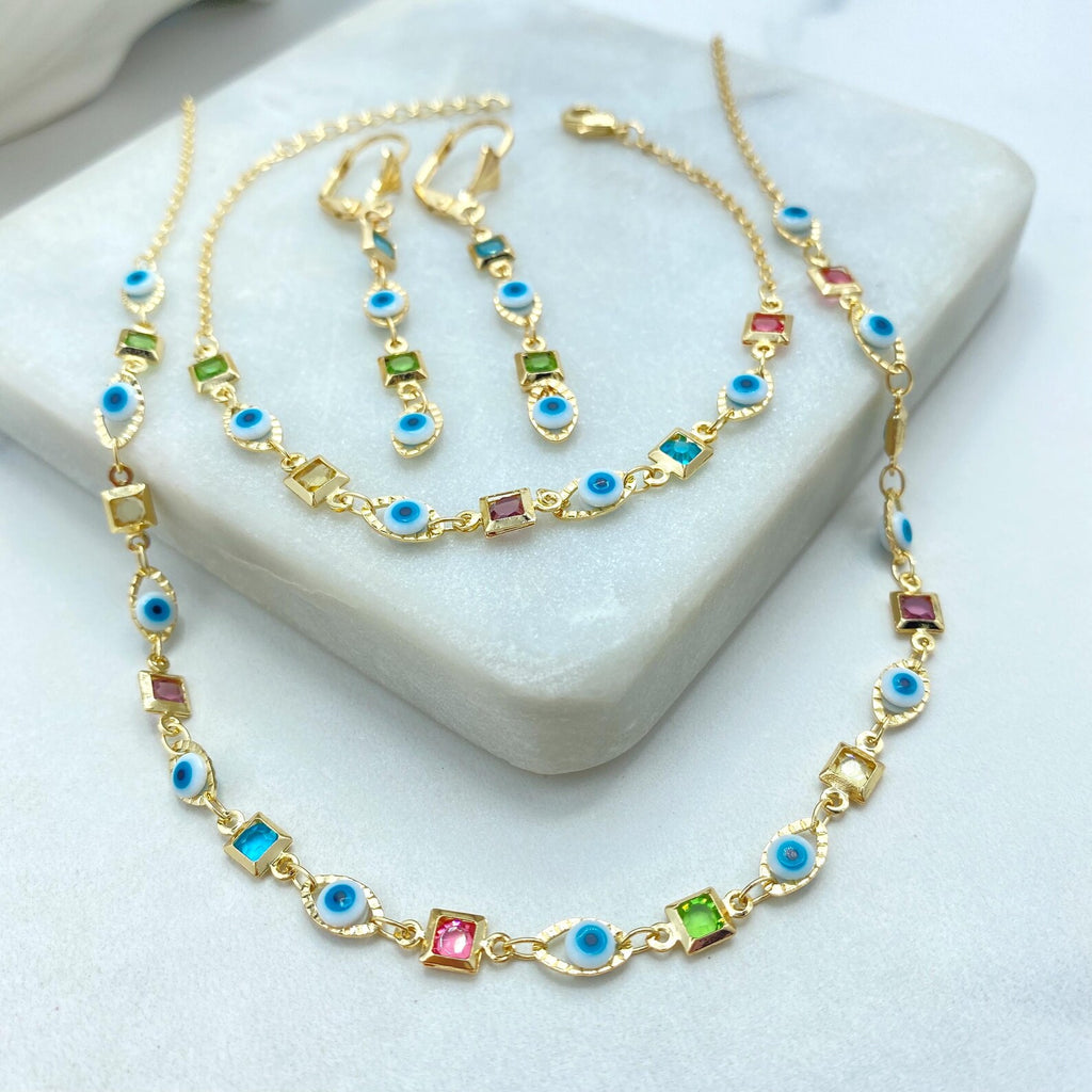 18k Gold Filled Colorful Evil Eye Jewelry Set, Necklace Bracelet and Earrings, Multicolor CZ Stones, Wholesale Jewelry