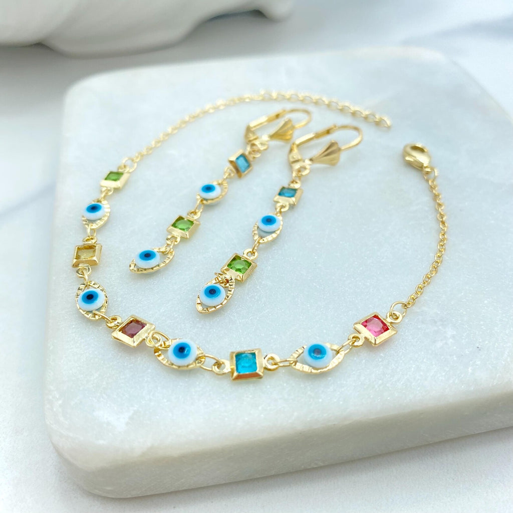 18k Gold Filled Colorful Evil Eye Jewelry Set, Necklace Bracelet and Earrings, Multicolor CZ Stones, Wholesale Jewelry