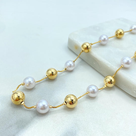 18K Gold Filled Pearl & Gold Beaded Necklace — Simulated Pearl Chain