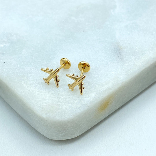 18K Gold Filled Airplane Stud Earrings — Screw Back Tiny Travel Earrings