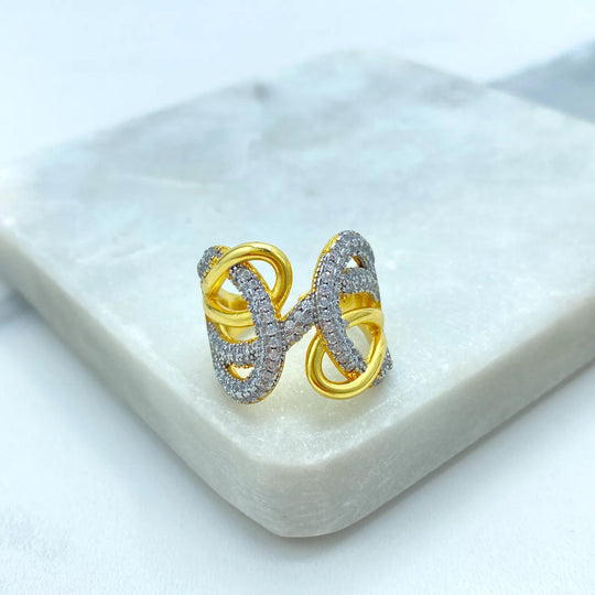 Gold Plated Adjustable Infinity CZ Ring, Statement Knot Ring, Open Band Design, Wholesale Jewelry