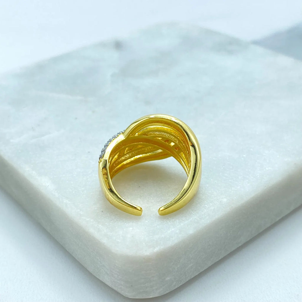 Gold Plated Adjustable Multi-Band Ring, CZ Pavé Statement Ring, Dainty Layered Design, Wholesale Jewelry