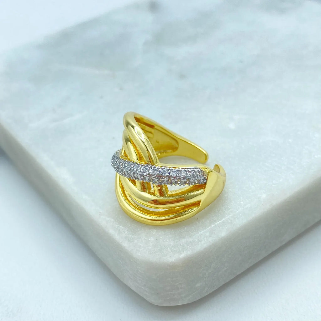 Gold Plated Adjustable Multi-Band Ring, CZ Pavé Statement Ring, Dainty Layered Design, Wholesale Jewelry