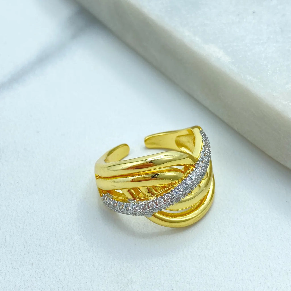 Gold Plated Adjustable Multi-Band Ring, CZ Pavé Statement Ring, Dainty Layered Design, Wholesale Jewelry
