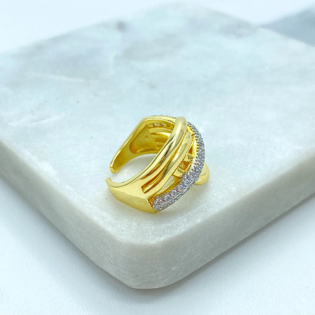 Gold Plated Adjustable Multi-Band Ring, CZ Pavé Statement Ring, Dainty Layered Design, Wholesale Jewelry