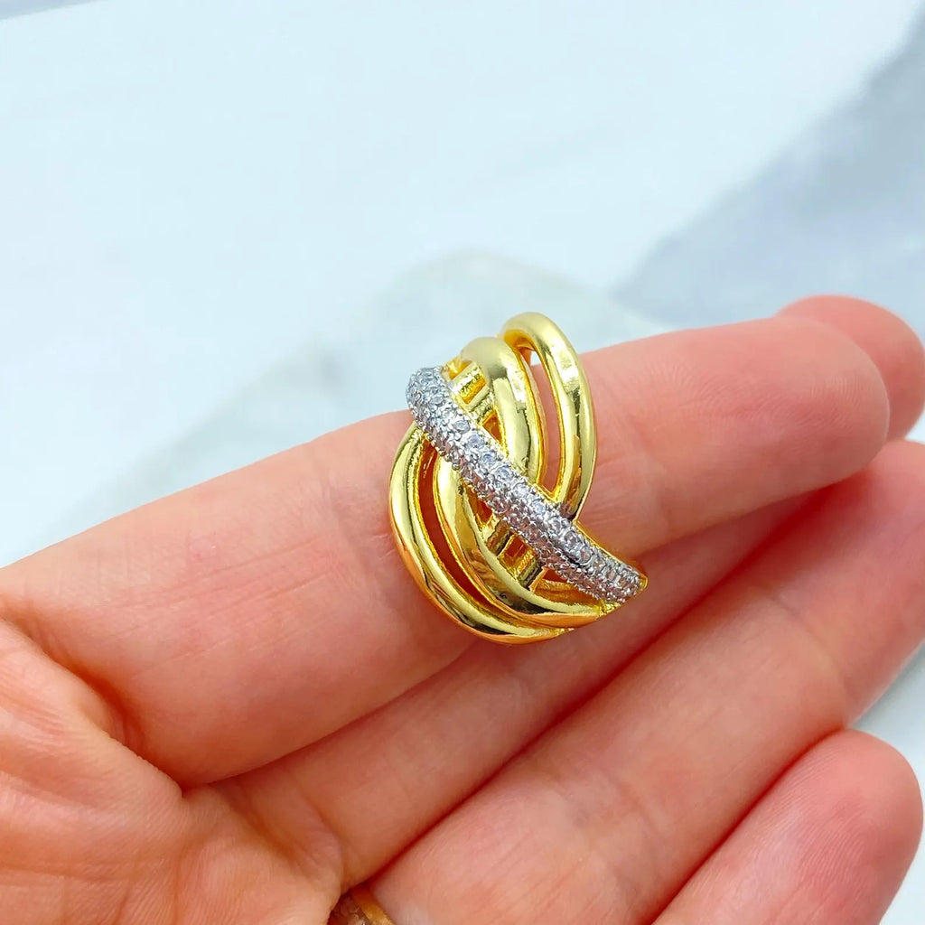 Gold Plated Adjustable Multi-Band Ring, CZ Pavé Statement Ring, Dainty Layered Design, Wholesale Jewelry