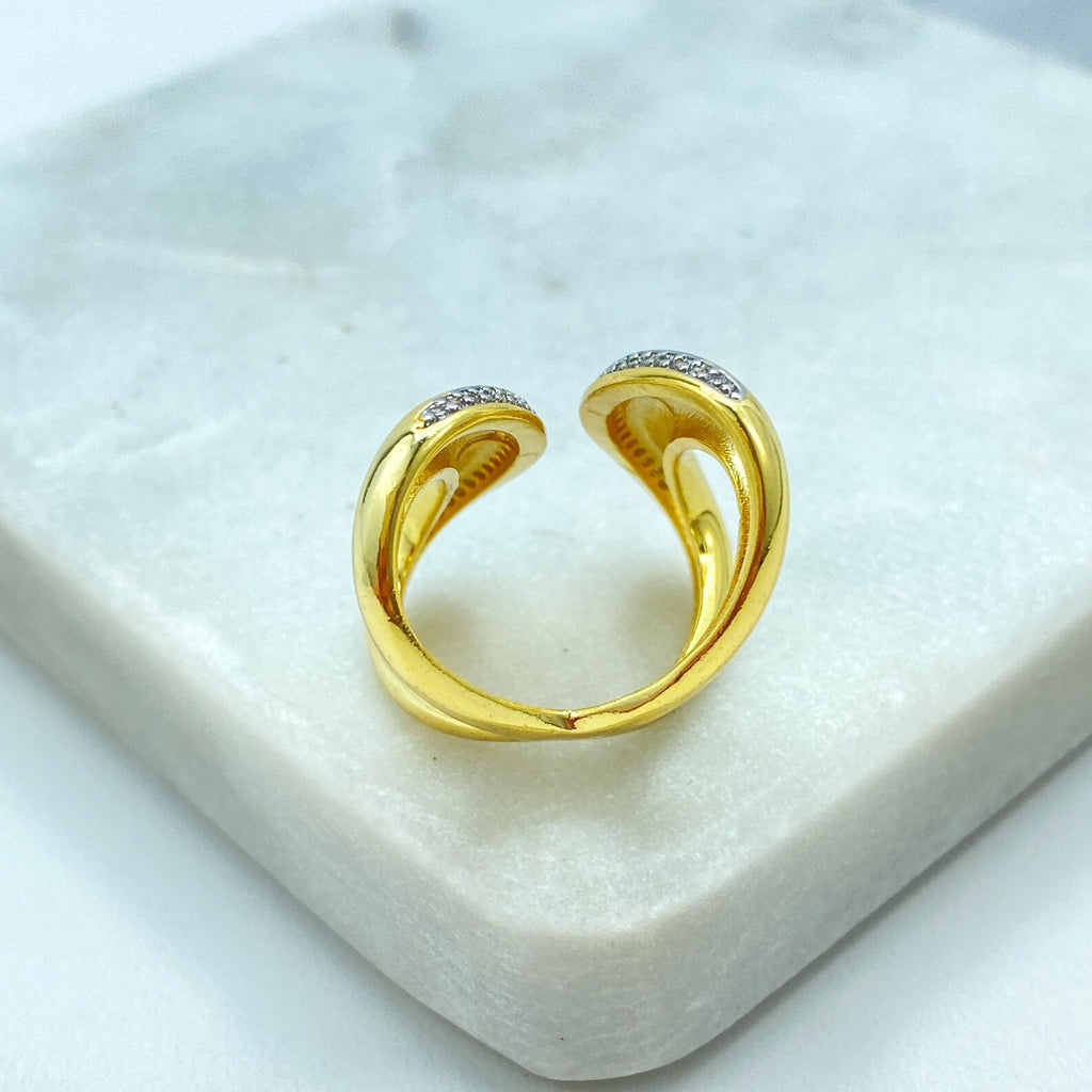 Gold Plated Adjustable Wave Ring, CZ Pavé Open Ring, Modern Curved Band Design, Wholesale Jewelry