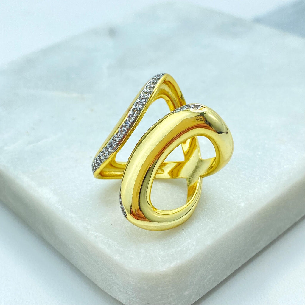 Gold Plated Adjustable Wave Ring, CZ Pavé Open Ring, Modern Curved Band Design, Wholesale Jewelry