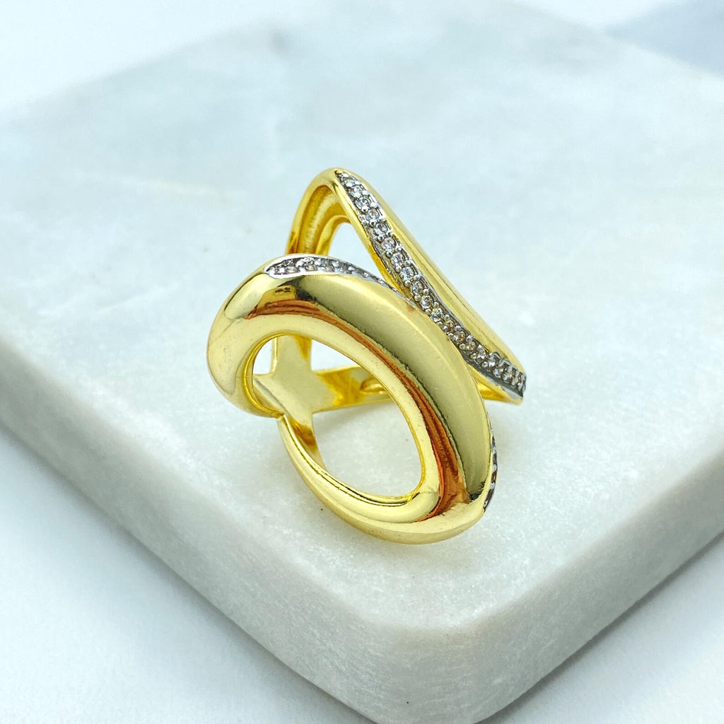 Gold Plated Adjustable Wave Ring, CZ Pavé Open Ring, Modern Curved Band Design, Wholesale Jewelry
