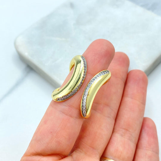 Gold Plated Adjustable Wave Ring, CZ Pavé Open Ring, Modern Curved Band Design, Wholesale Jewelry