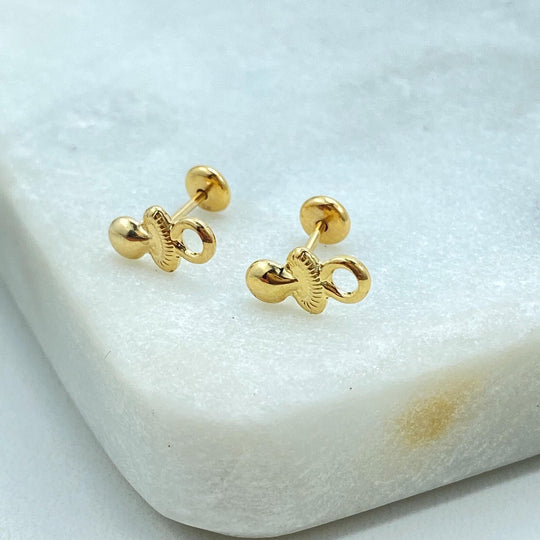 18K Gold Filled Pacifier Stud Earrings — Tiny Screw Back Baby Earrings