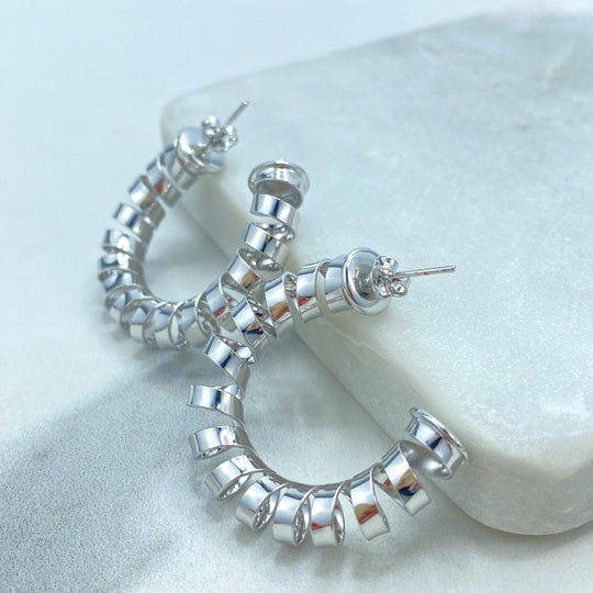 Silver Filled Spiral C-Hoop Earrings, Polished Coil Design, Statement Hoop Jewelry