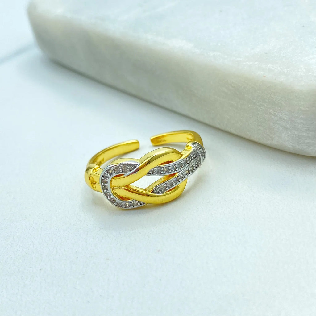 Gold Plated Adjustable Knot Ring, CZ Pave Love Knot Ring, Dainty Statement Jewelry, Wholesale Jewelry