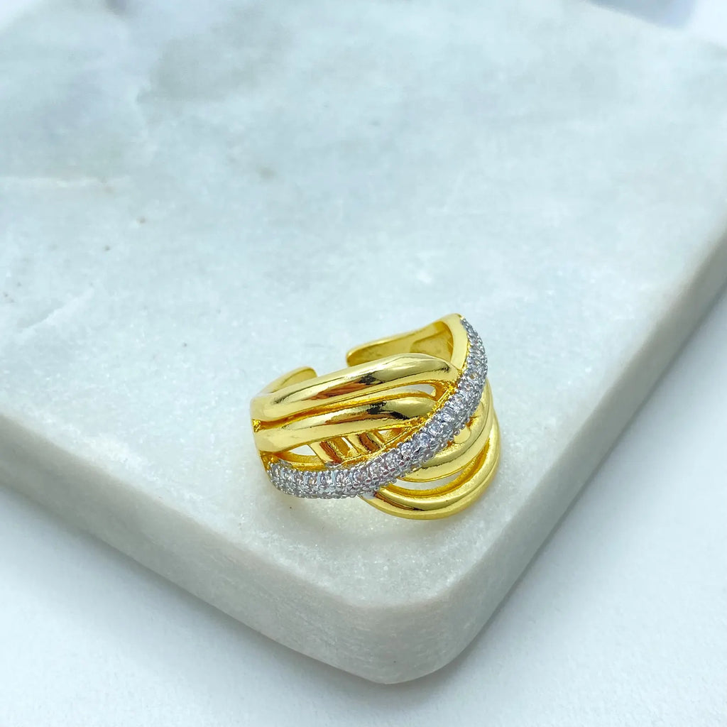 Gold Plated Adjustable Multi-Band Ring, CZ Pavé Statement Ring, Dainty Layered Design, Wholesale Jewelry