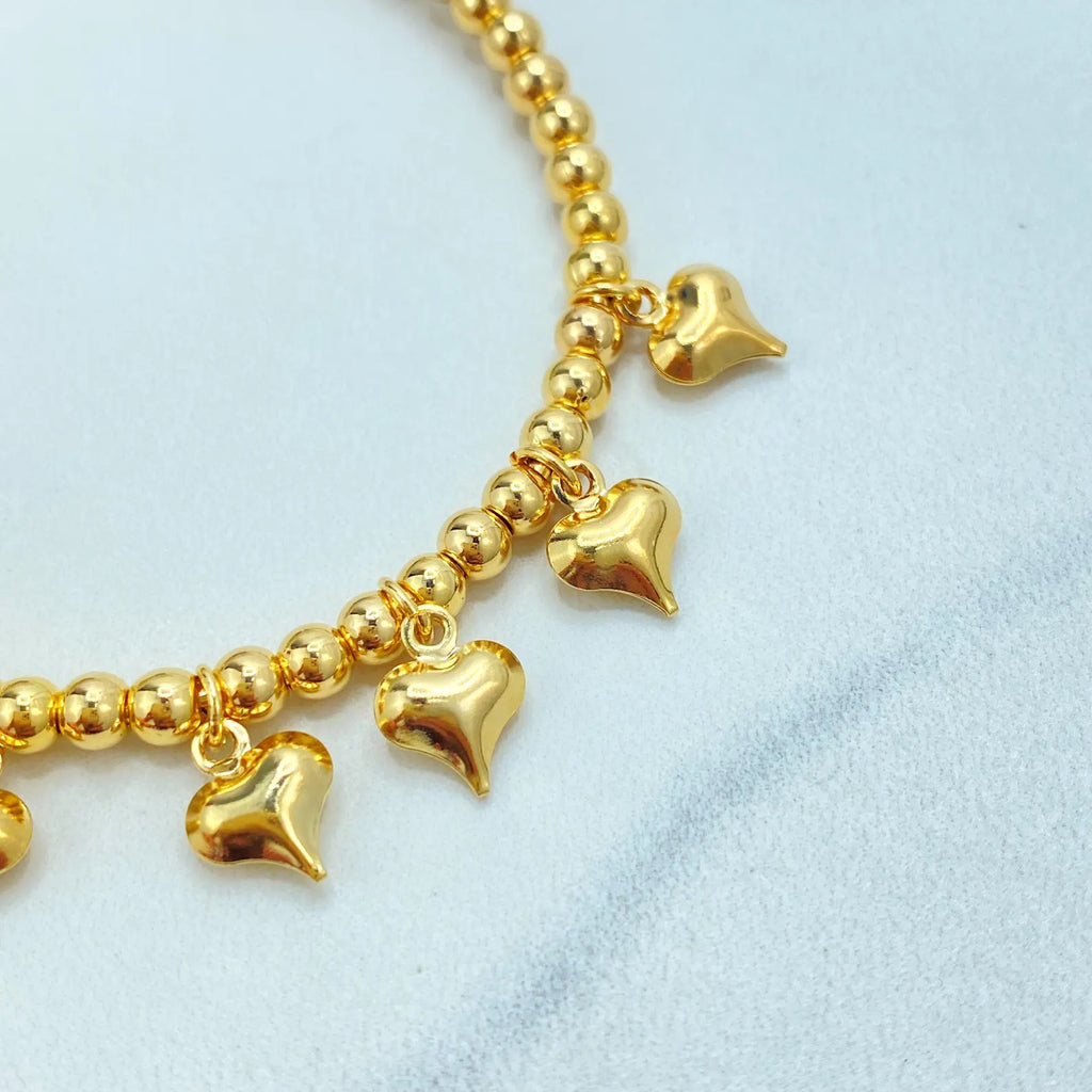 Beaded C-Hoop Earrings with Puff Heart Charms, 18k Gold Filled & Silver Filled, Two Sizes, Wholesale Jewelry