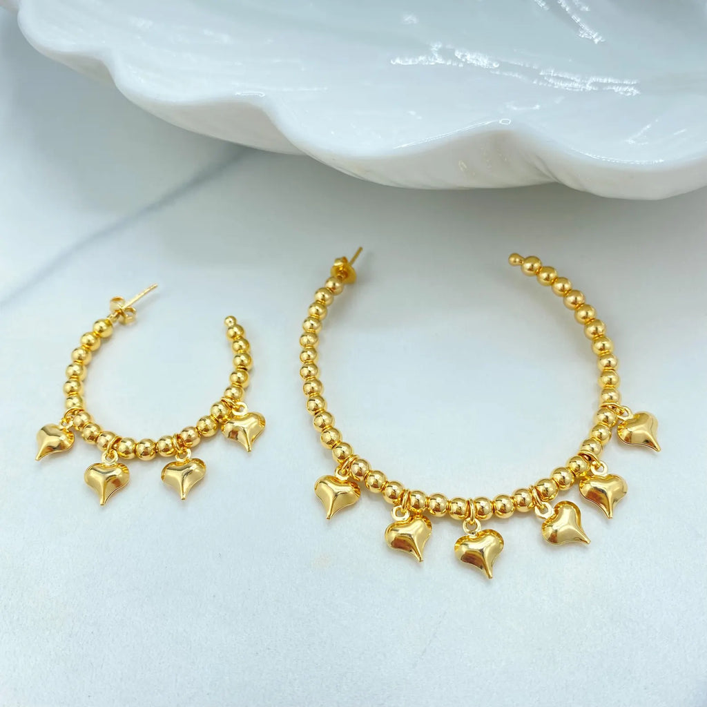 Beaded C-Hoop Earrings with Puff Heart Charms, 18k Gold Filled & Silver Filled, Two Sizes, Wholesale Jewelry