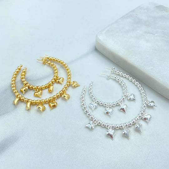 Beaded C-Hoop Earrings with Puff Heart Charms, 18k Gold Filled & Silver Filled, Two Sizes, Wholesale Jewelry