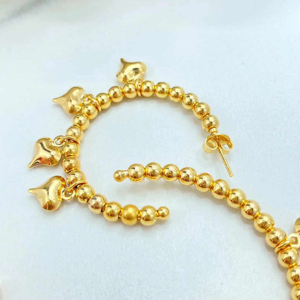 Beaded C-Hoop Earrings with Puff Heart Charms, 18k Gold Filled & Silver Filled, Two Sizes, Wholesale Jewelry