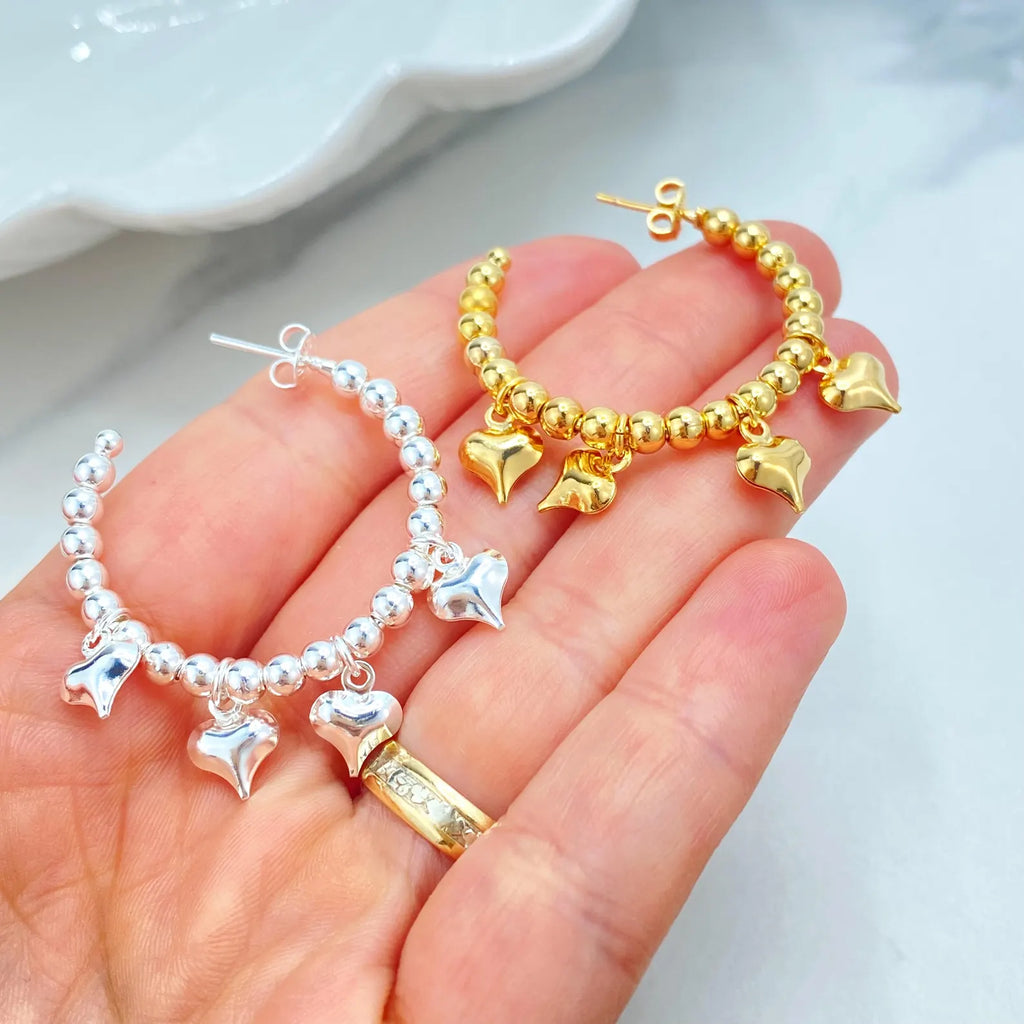Beaded C-Hoop Earrings with Puff Heart Charms, 18k Gold Filled & Silver Filled, Two Sizes, Wholesale Jewelry