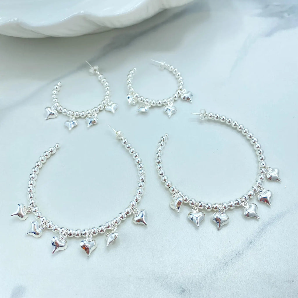 Beaded C-Hoop Earrings with Puff Heart Charms, 18k Gold Filled & Silver Filled, Two Sizes, Wholesale Jewelry