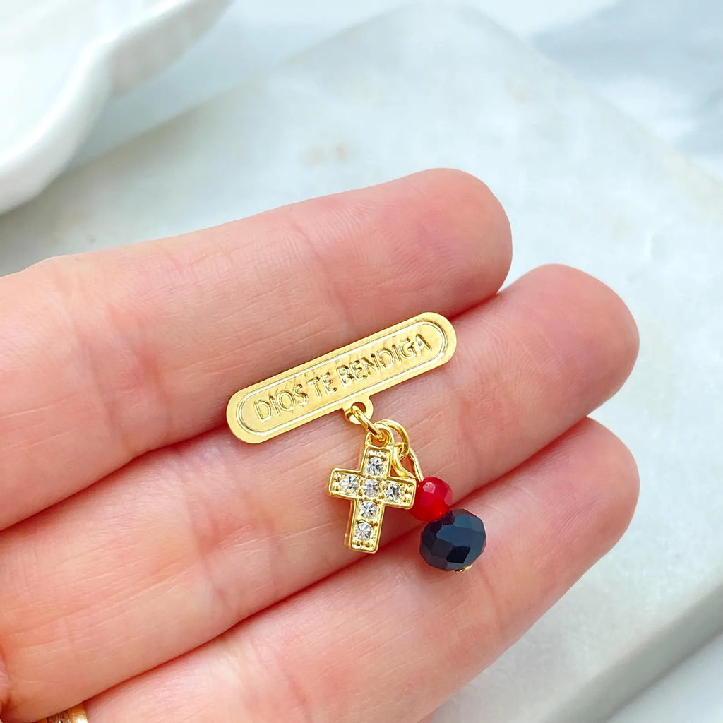 18k Gold Filled “Dios Te Bendiga” Safety Pin Brooch, Cross & Beads Charm Pin
