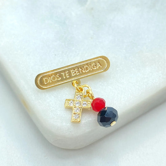 18k Gold Filled “Dios Te Bendiga” Safety Pin Brooch, Cross & Beads Charm Pin