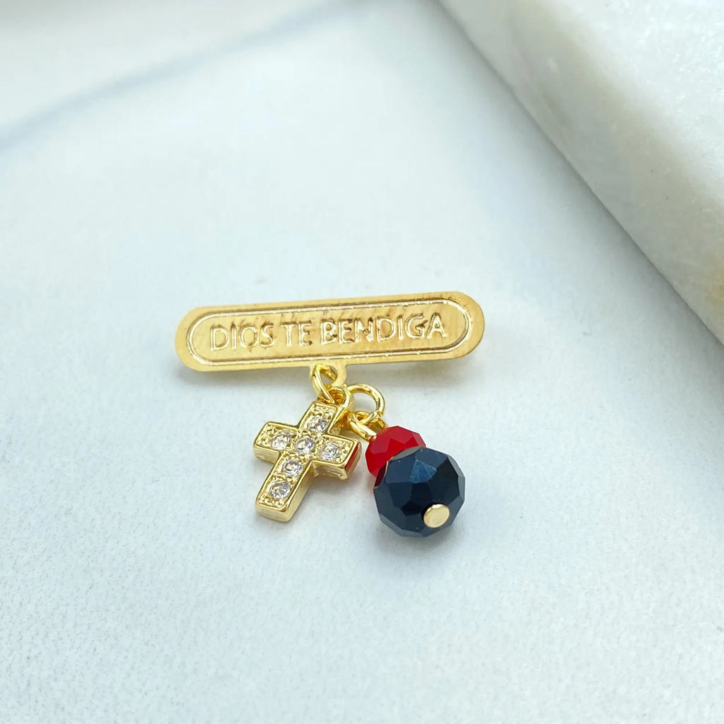 18k Gold Filled “Dios Te Bendiga” Safety Pin Brooch, Cross & Beads Charm Pin