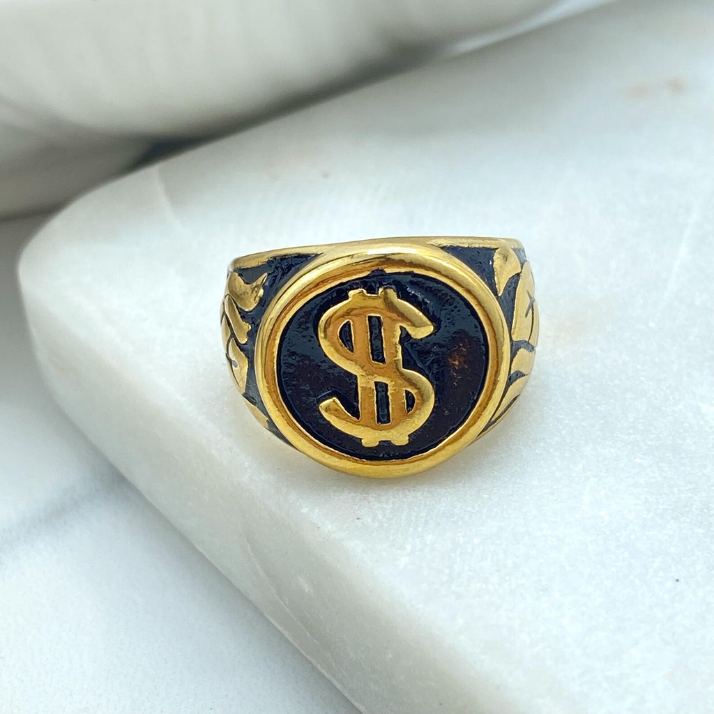 Stainless Steel Dollar Sign Ring, Gold Tone Money Symbol Ring, Vintage Style Statement Jewelry, Wholesale Jewelry