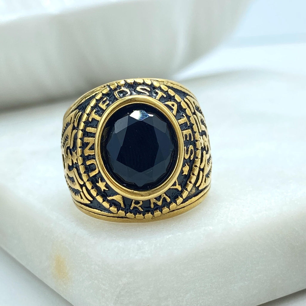 Gold Stainless Steel Men’s Ring with Black Stone – Vintage United States Eagle Military Design