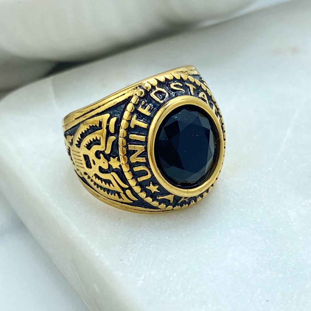 Gold Stainless Steel Men’s Ring with Black Stone – Vintage United States Eagle Military Design
