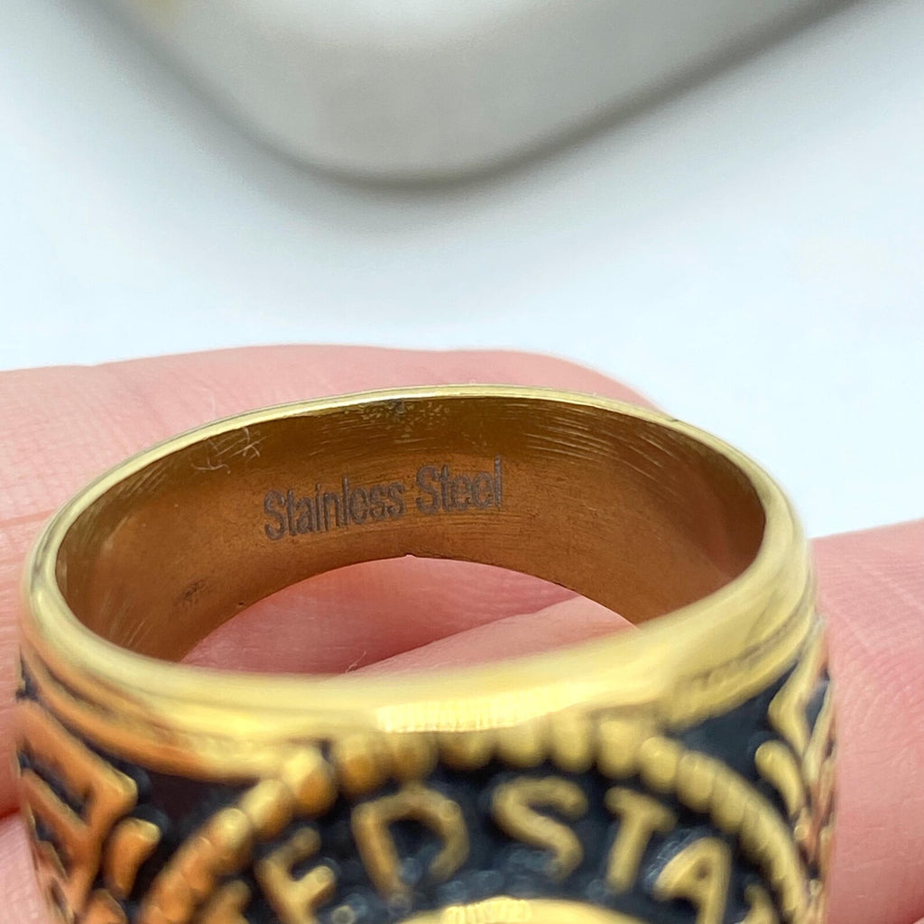 Gold Stainless Steel Men’s Ring with Black Stone – Vintage United States Eagle Military Design