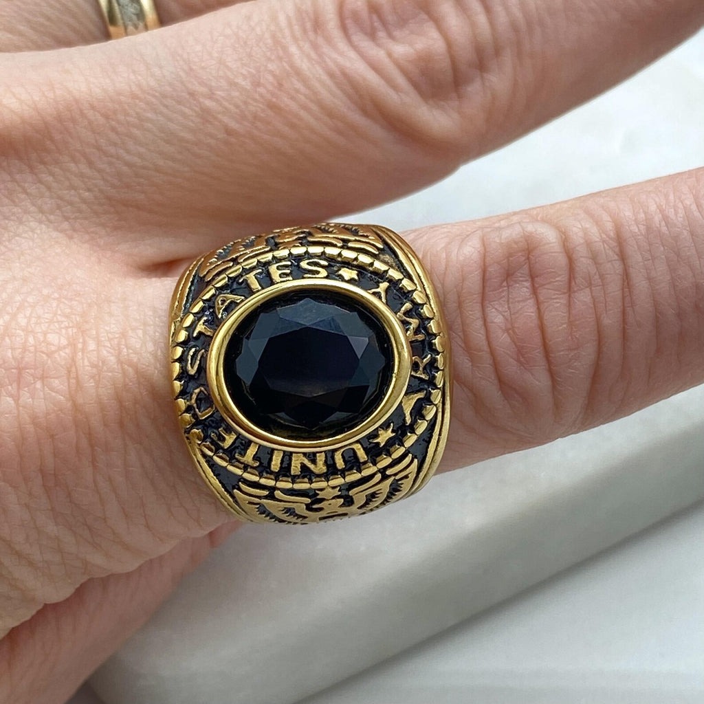 Gold Stainless Steel Men’s Ring with Black Stone – Vintage United States Eagle Military Design