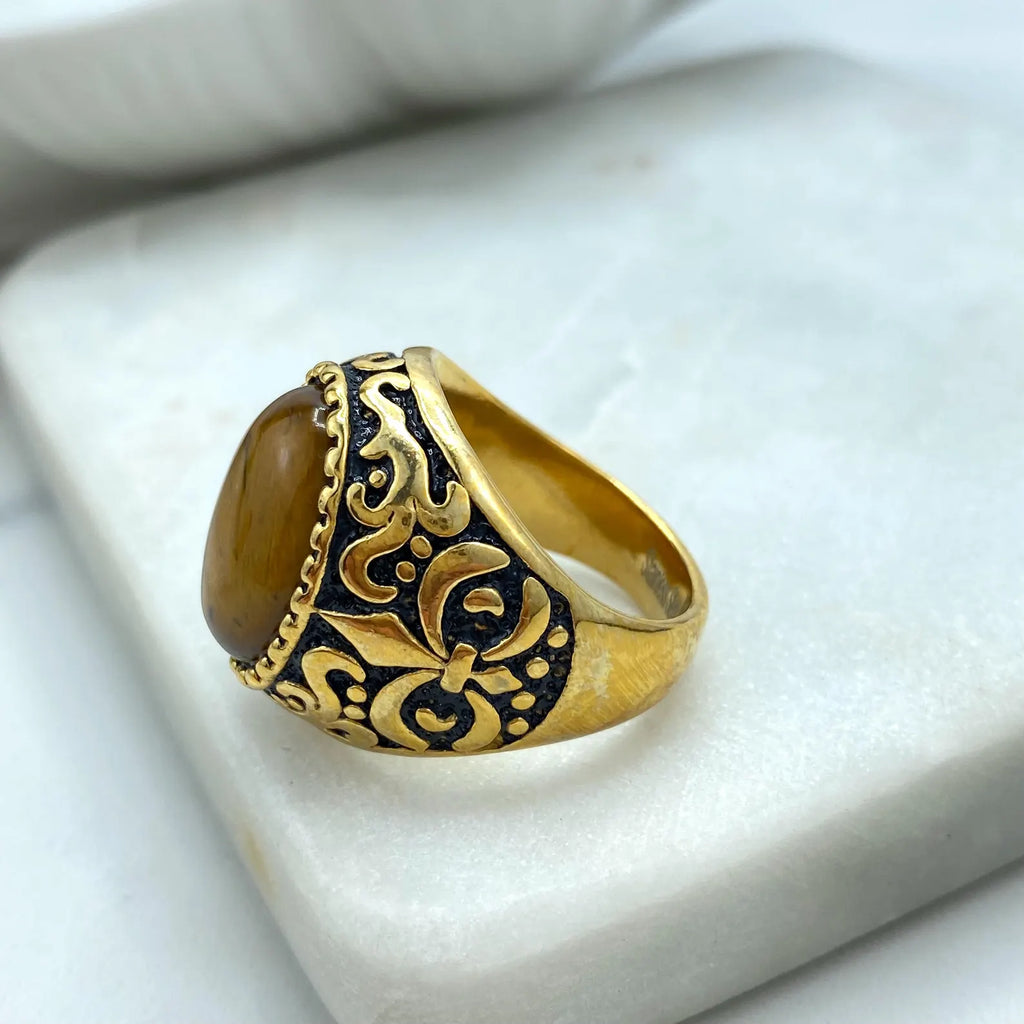 Stainless Steel Vintage Men's Ring with Brown Stone, Bold Statement Jewelry, Wholesale Jewelry