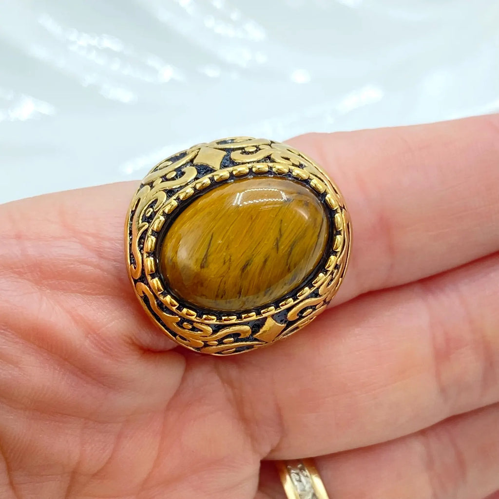 Stainless Steel Vintage Men's Ring with Brown Stone, Bold Statement Jewelry, Wholesale Jewelry