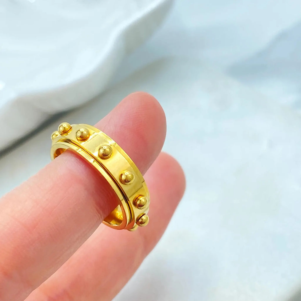 Stainless Steel Spinner Ring, Gold Tone Fidget Ring, Modern Stud Design, Stress Relief Jewelry, Wholesale Jewelry
