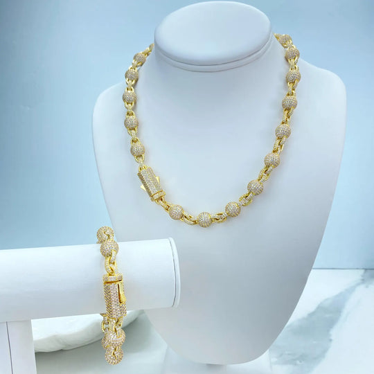 18k Gold Filled Iced Ball Necklace and Bracelet Set, Statement Jewelry, Wholesale Jewelry