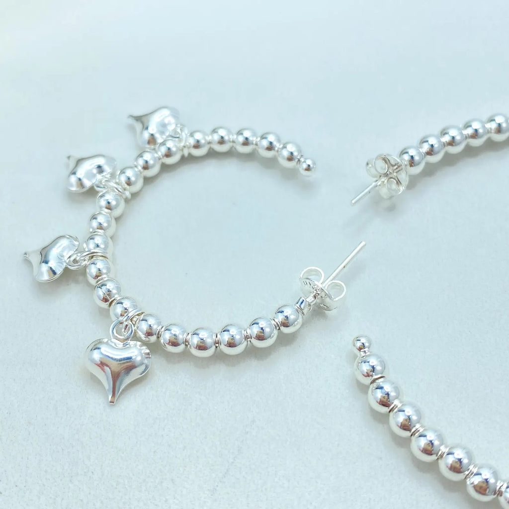 Beaded C-Hoop Earrings with Puff Heart Charms, 18k Gold Filled & Silver Filled, Two Sizes, Wholesale Jewelry