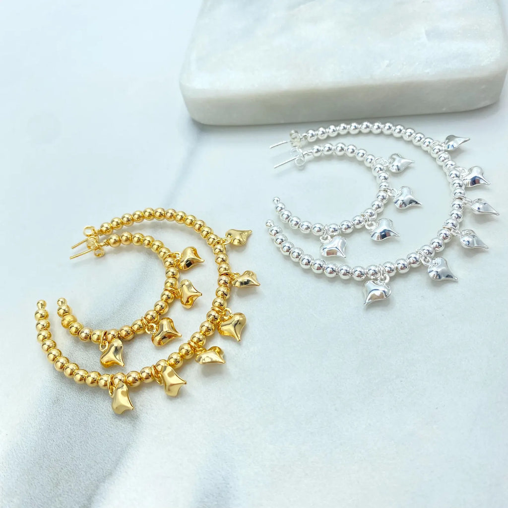 Beaded C-Hoop Earrings with Puff Heart Charms, 18k Gold Filled & Silver Filled, Two Sizes, Wholesale Jewelry