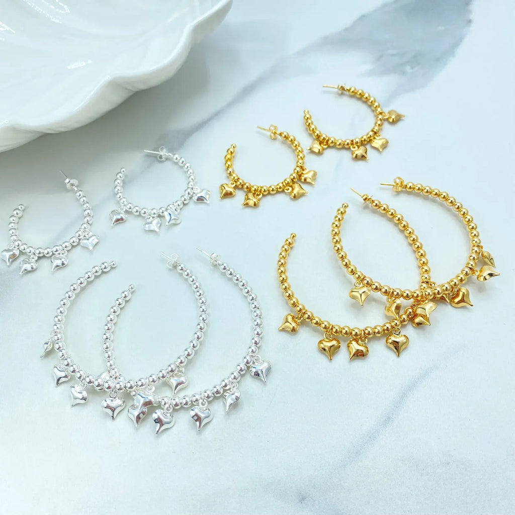 Beaded C-Hoop Earrings with Puff Heart Charms, 18k Gold Filled & Silver Filled, Two Sizes, Wholesale Jewelry