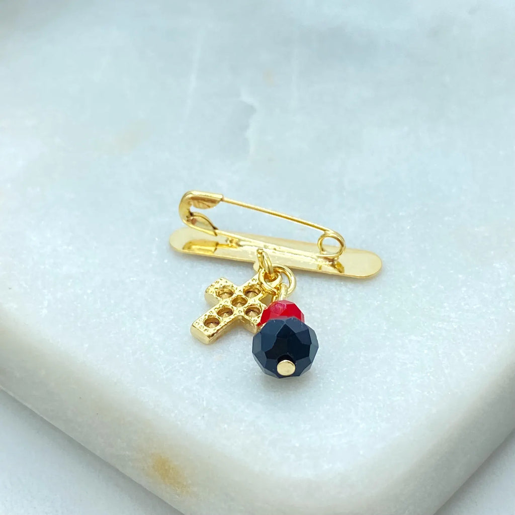 18k Gold Filled “Dios Te Bendiga” Safety Pin Brooch, Cross & Beads Charm Pin