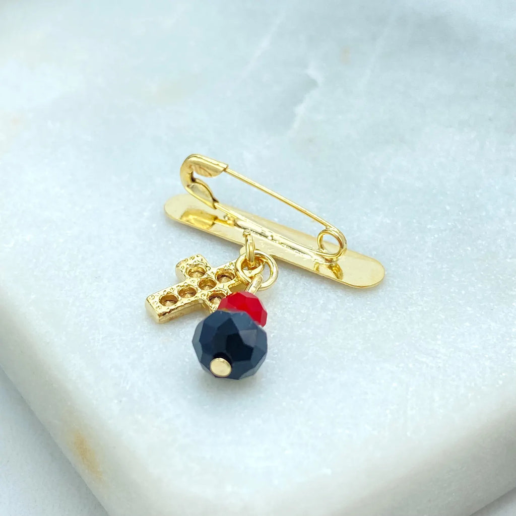 18k Gold Filled “Dios Te Bendiga” Safety Pin Brooch, Cross & Beads Charm Pin