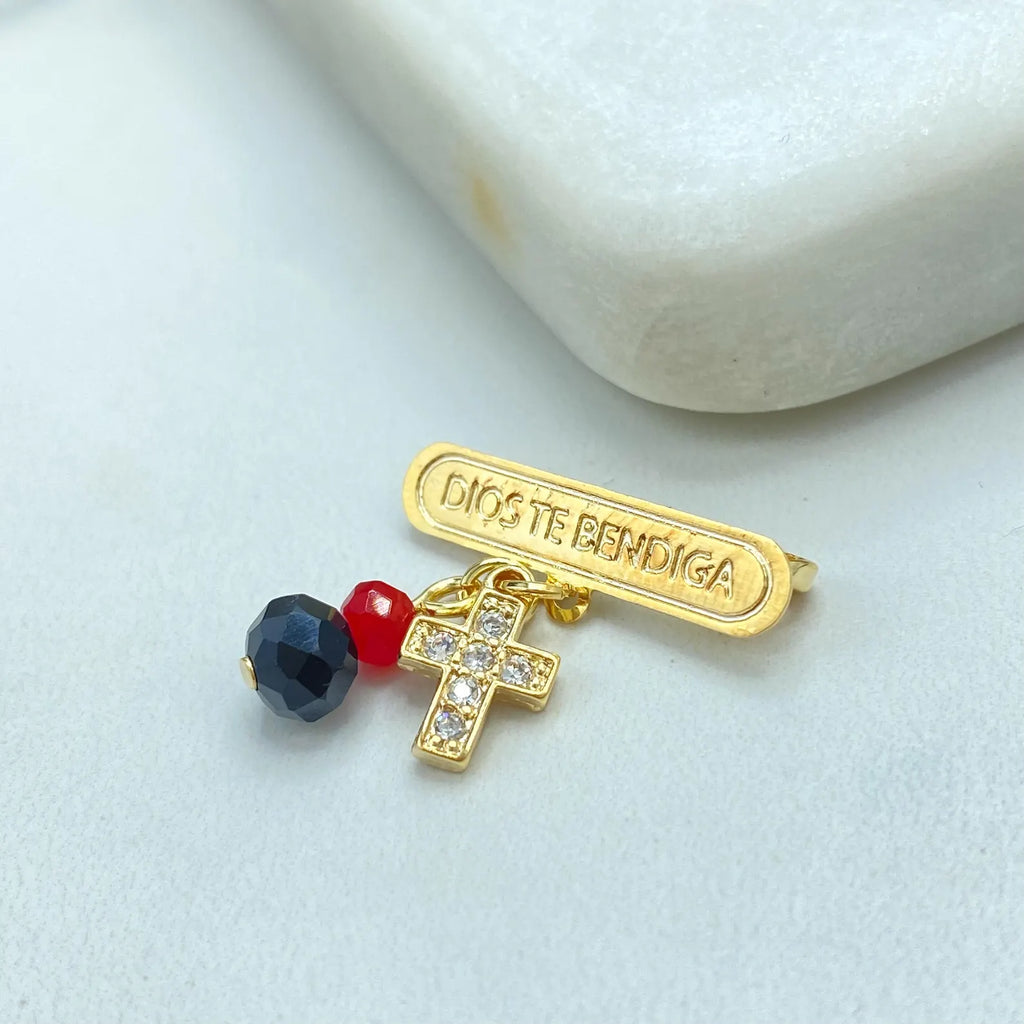 18k Gold Filled “Dios Te Bendiga” Safety Pin Brooch, Cross & Beads Charm Pin