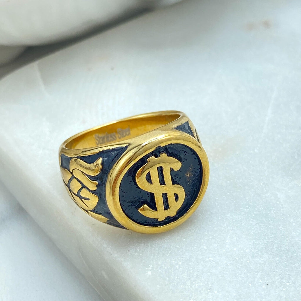 Stainless Steel Dollar Sign Ring, Gold Tone Money Symbol Ring, Vintage Style Statement Jewelry, Wholesale Jewelry