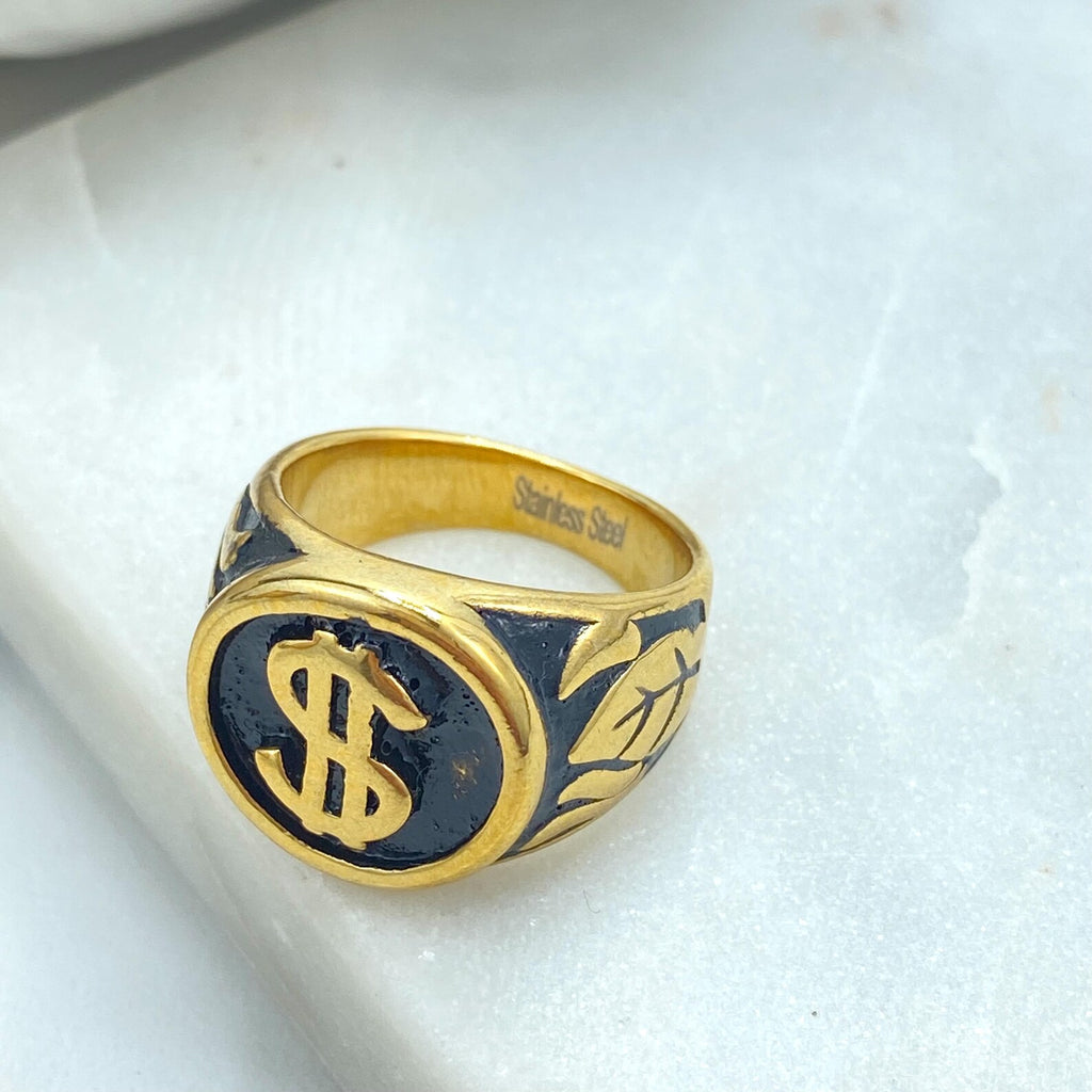 Stainless Steel Dollar Sign Ring, Gold Tone Money Symbol Ring, Vintage Style Statement Jewelry, Wholesale Jewelry