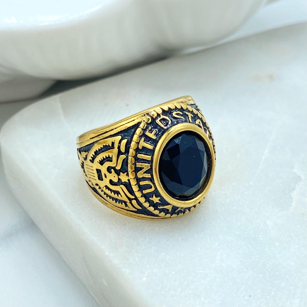 Gold Stainless Steel Men’s Ring with Black Stone – Vintage United States Eagle Military Design