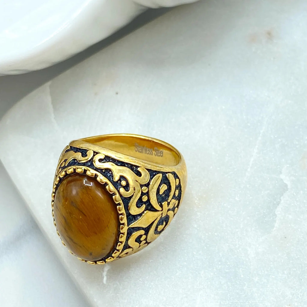 Stainless Steel Vintage Men's Ring with Brown Stone, Bold Statement Jewelry, Wholesale Jewelry