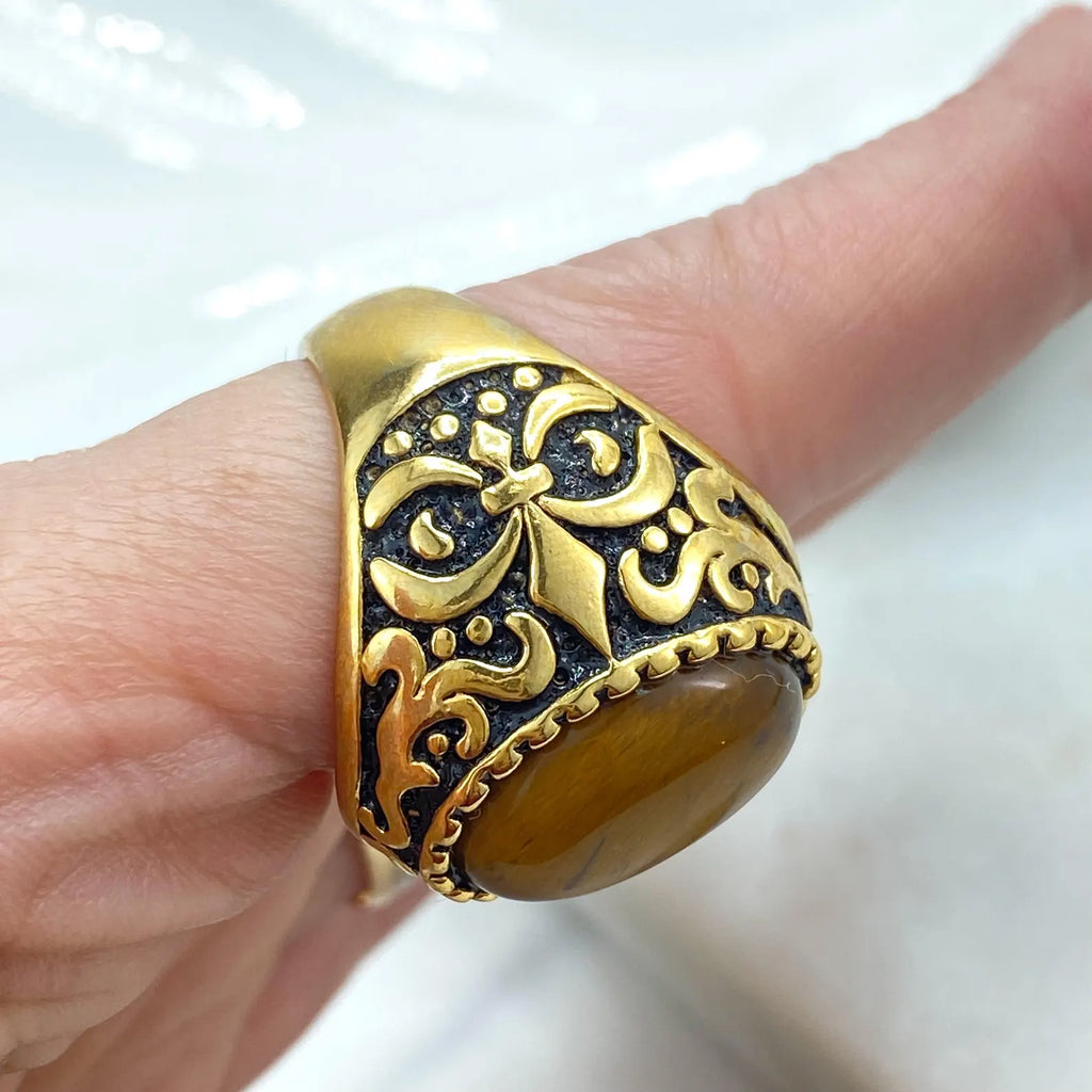 Stainless Steel Vintage Men's Ring with Brown Stone, Bold Statement Jewelry, Wholesale Jewelry